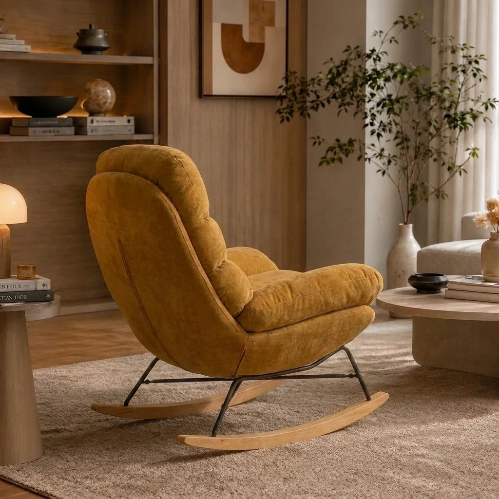 Wide-seat chenille cocoon rocking chair – product view 3