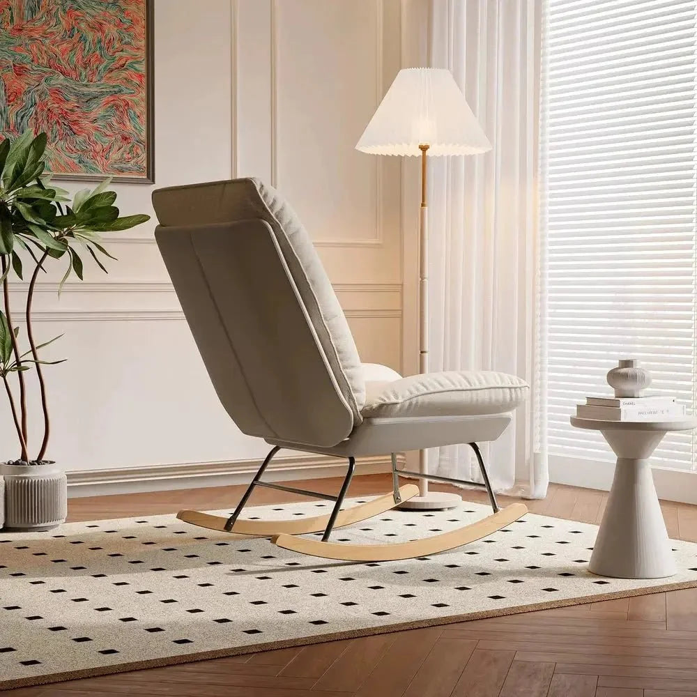Beige linen reclining rocking chair – back view
