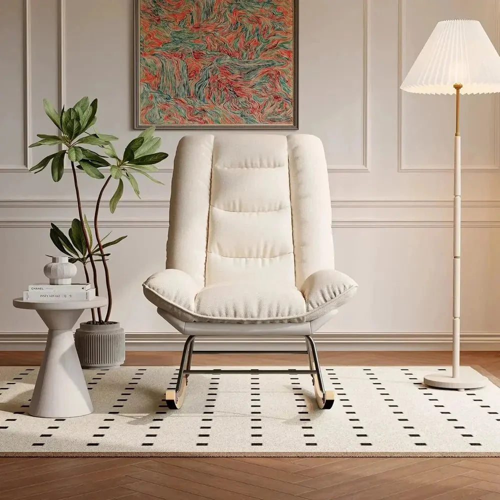 Beige linen reclining rocking chair – front view