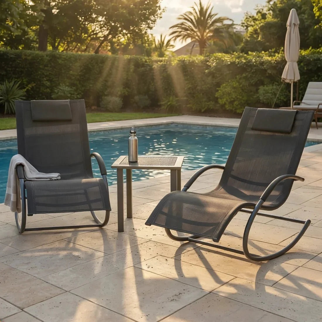 Outdoor rocking sun lounger set – three-quarter view