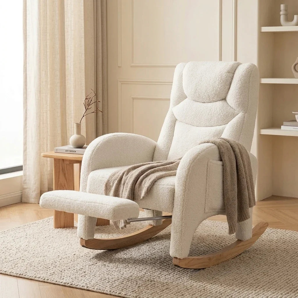 White teddy nursing rocking chair with footrest – product view