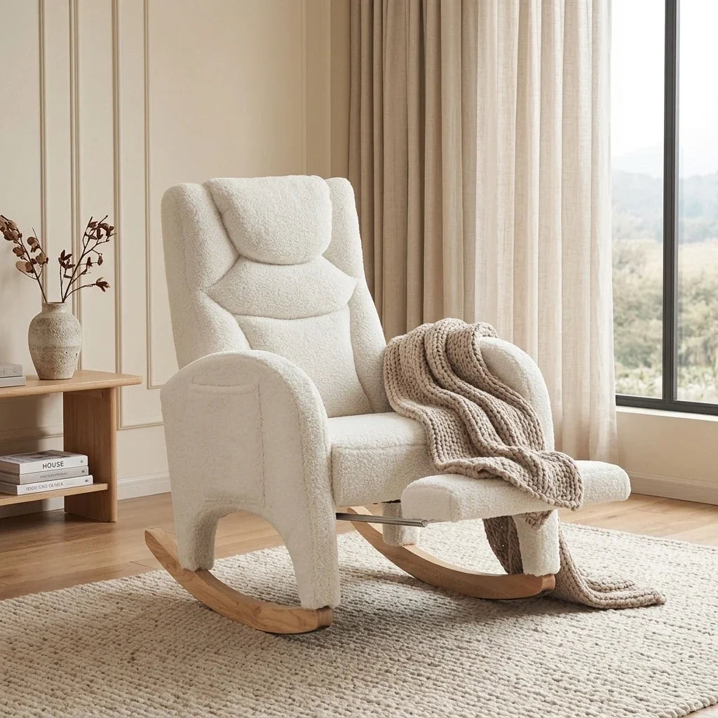 White teddy nursing rocking chair with footrest – lifestyle setting