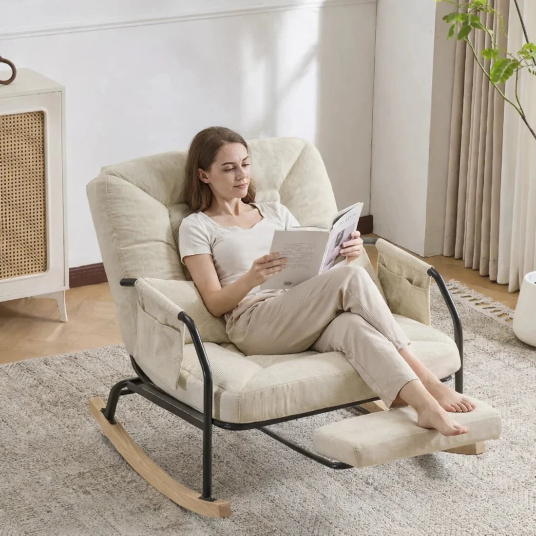 4-position reclining corduroy rocking chair – lifestyle setting