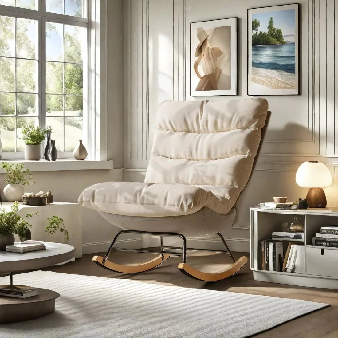 Beige padded cocoon rocking chair – product view