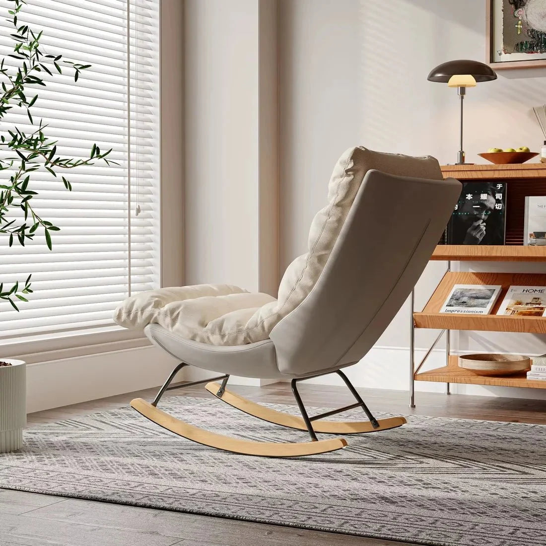 Beige padded cocoon rocking chair – lifestyle setting