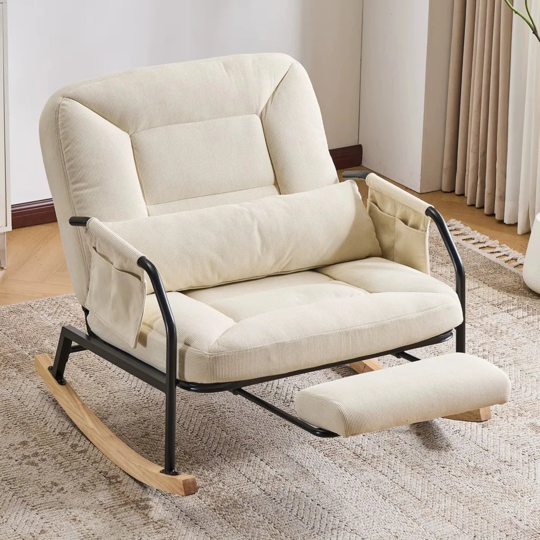 4-position reclining corduroy rocking chair – Beige