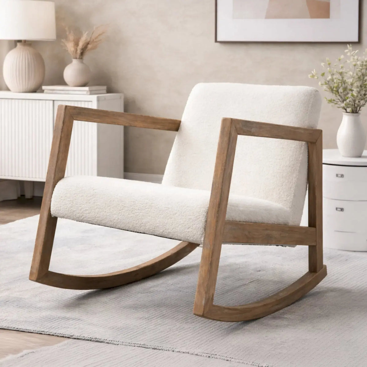 Nordic cream bouclé rocking chair – lifestyle setting