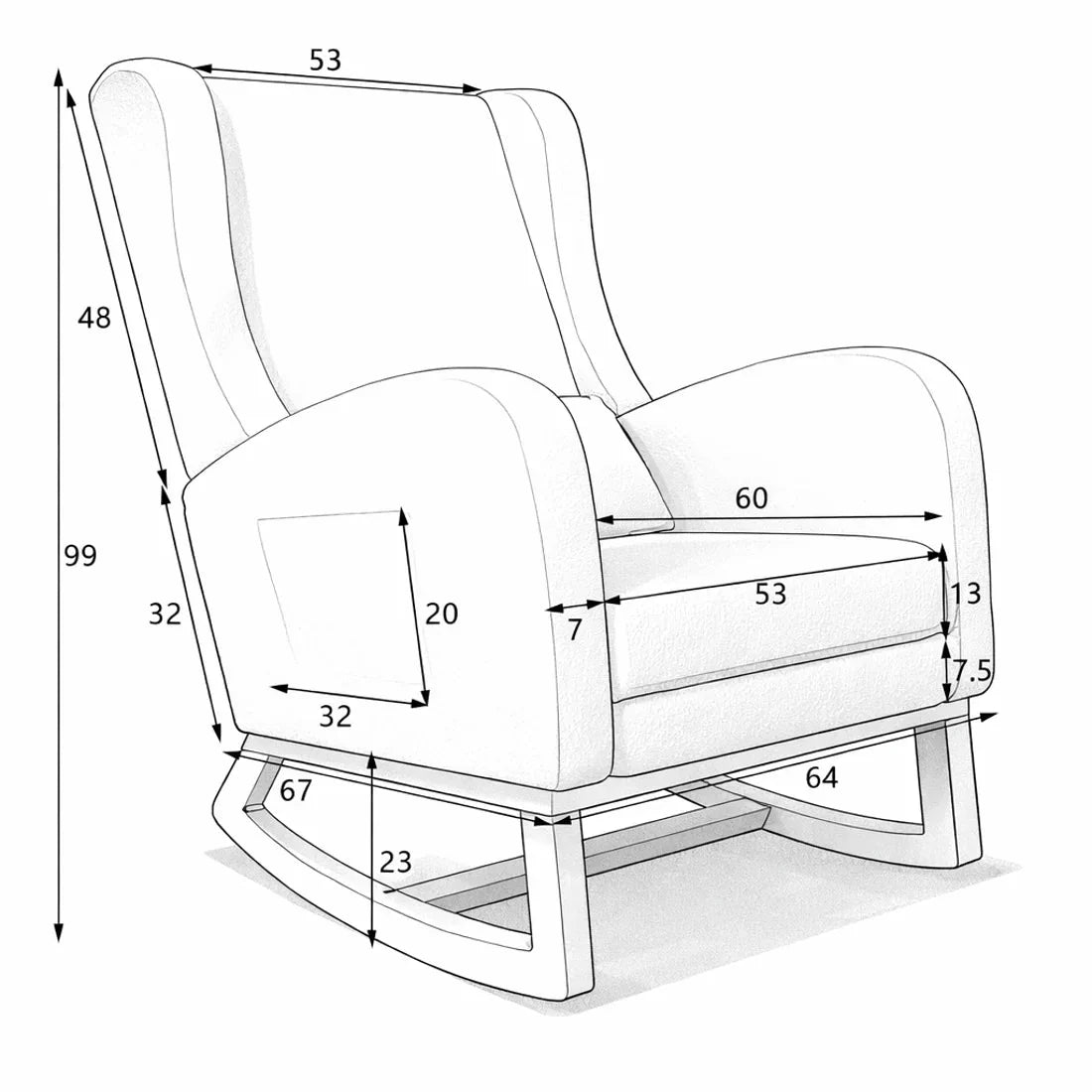 Ivory teddy rocking chair with footrest – dimensions