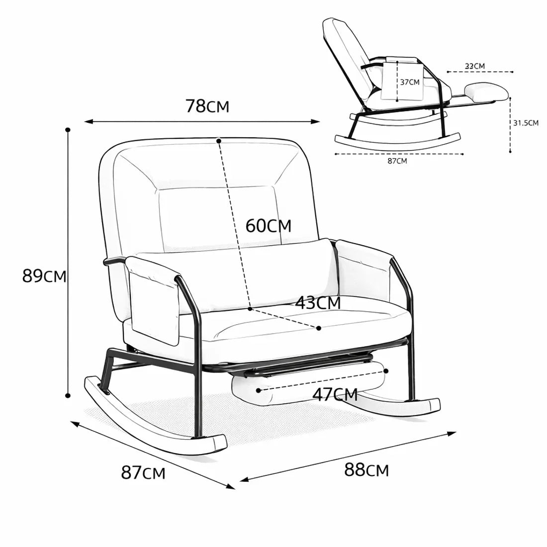 4-position reclining corduroy rocking chair – product view