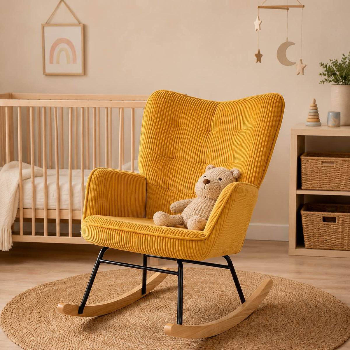 Yellow cord fabric rocking chair – lifestyle setting 2