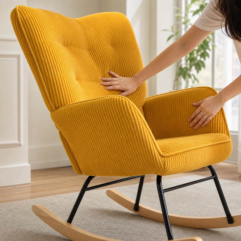 Yellow cord fabric rocking chair – product view 2