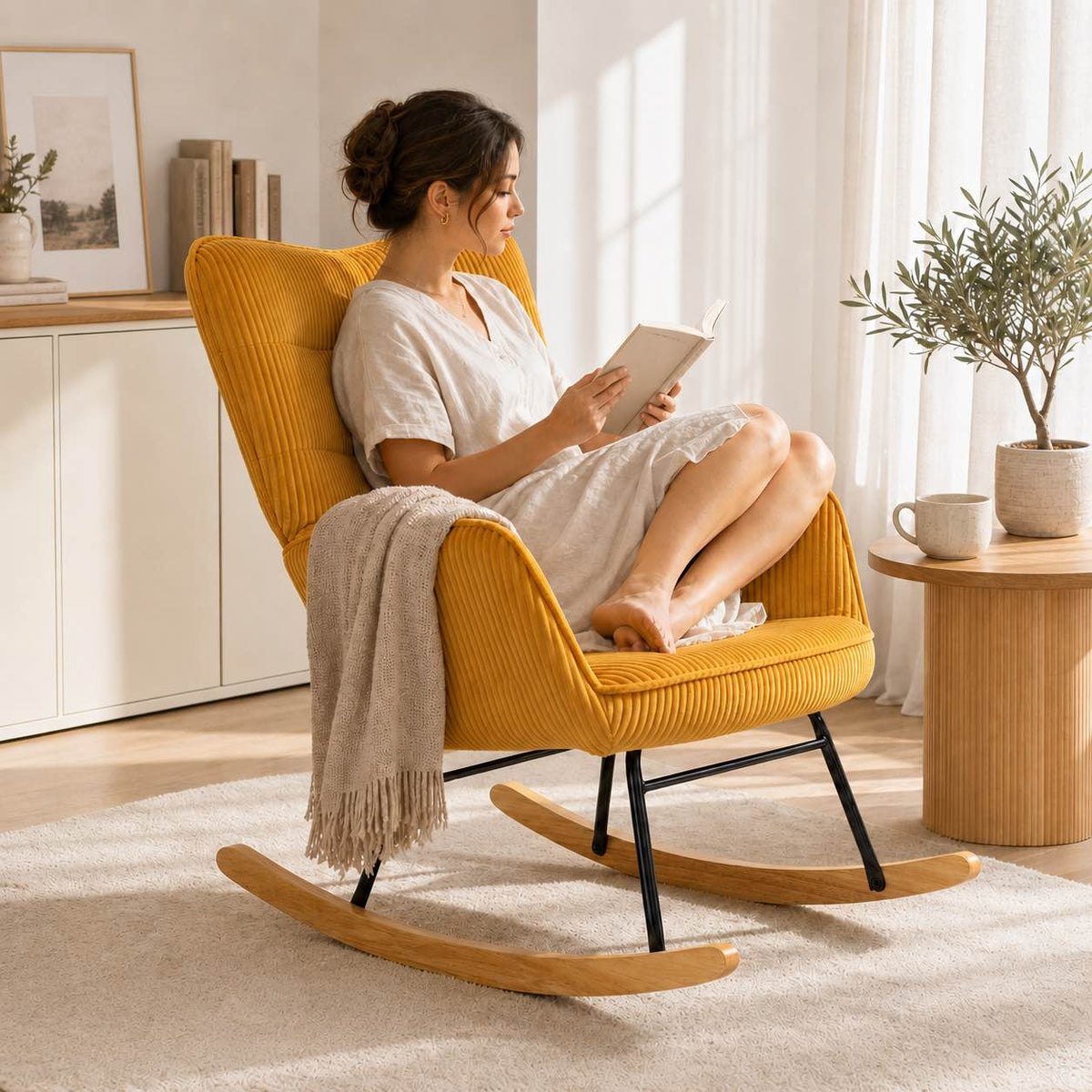 Yellow cord fabric rocking chair – lifestyle setting