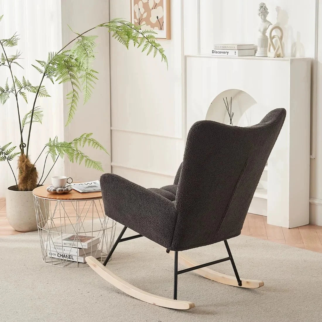 Scandinavian bouclé wingback rocking chair – lifestyle setting 2