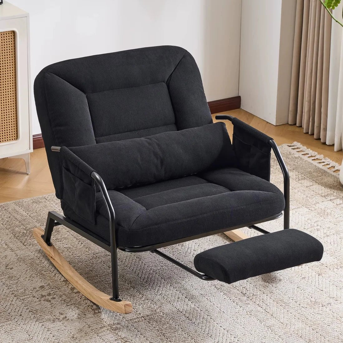 4-position reclining corduroy rocking chair – Black