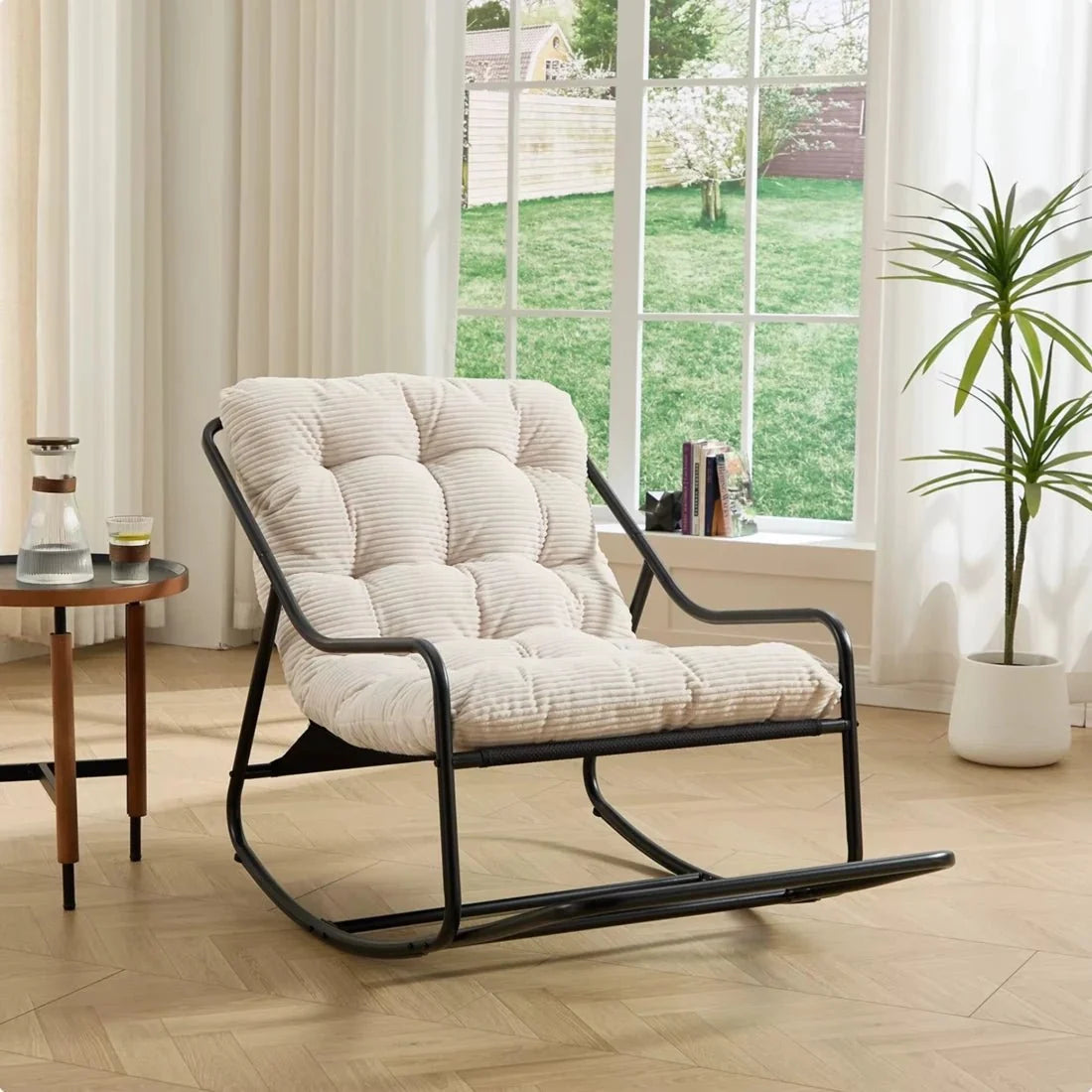 Tufted corduroy lounge rocking chair – Ivory