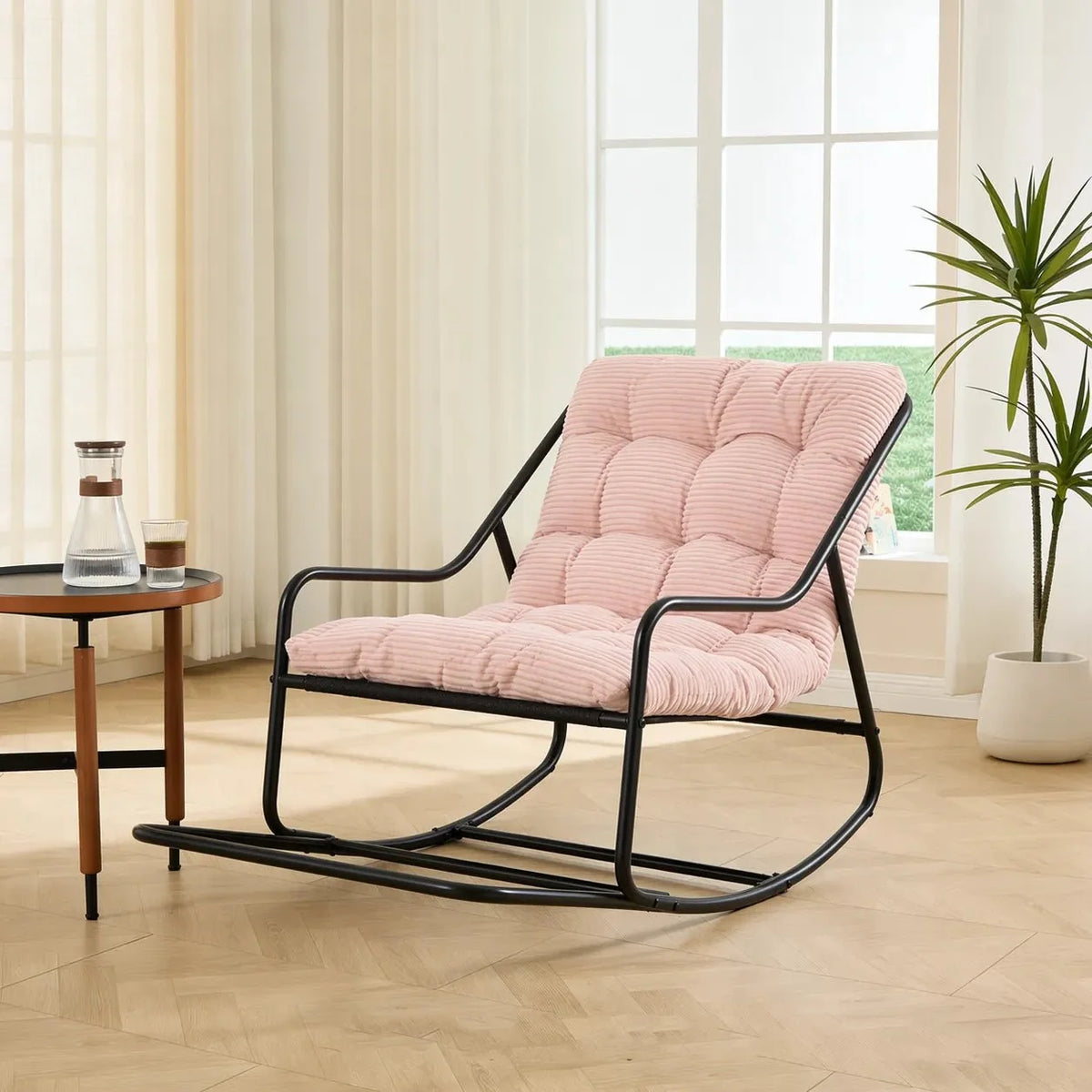 Tufted corduroy lounge rocking chair – lifestyle setting