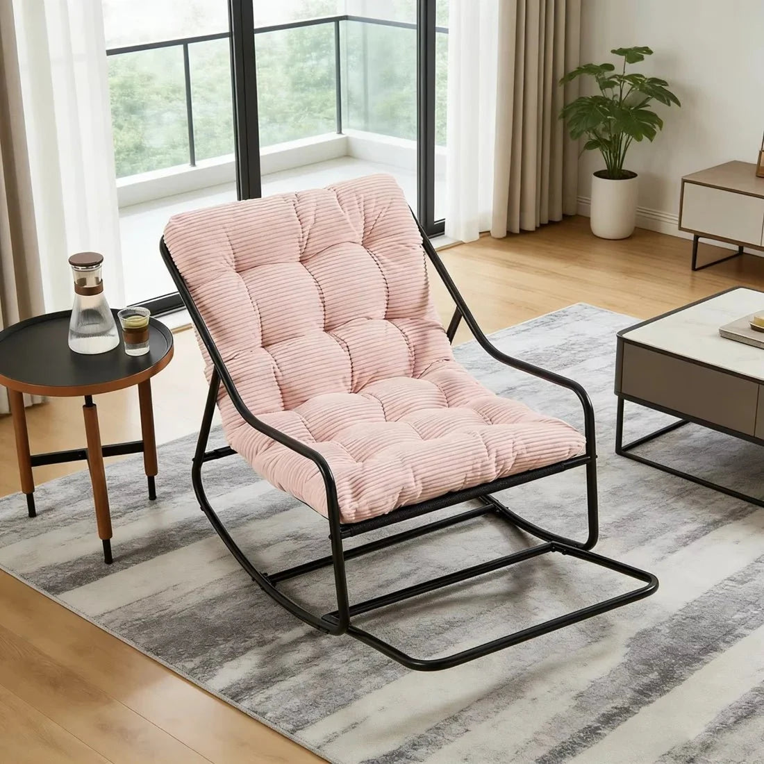 Tufted corduroy lounge rocking chair – Pink