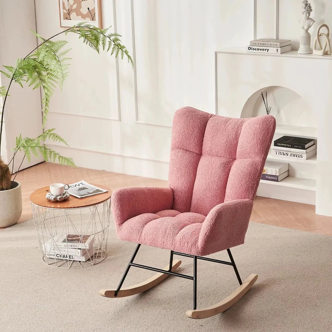 Scandinavian bouclé wingback rocking chair – close-up detail