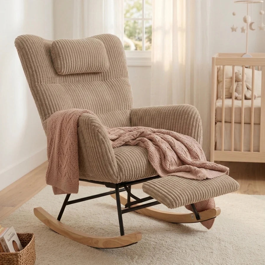 Corduroy nursing rocking chair with footrest – lifestyle setting