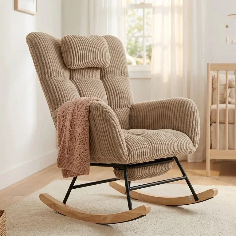 Corduroy nursing rocking chair with footrest – lifestyle setting 2