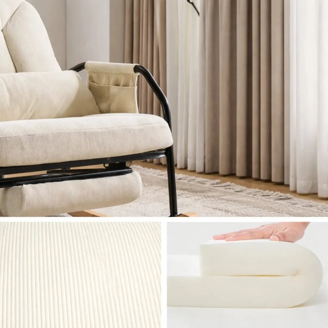 4-position reclining corduroy rocking chair – close-up detail 2