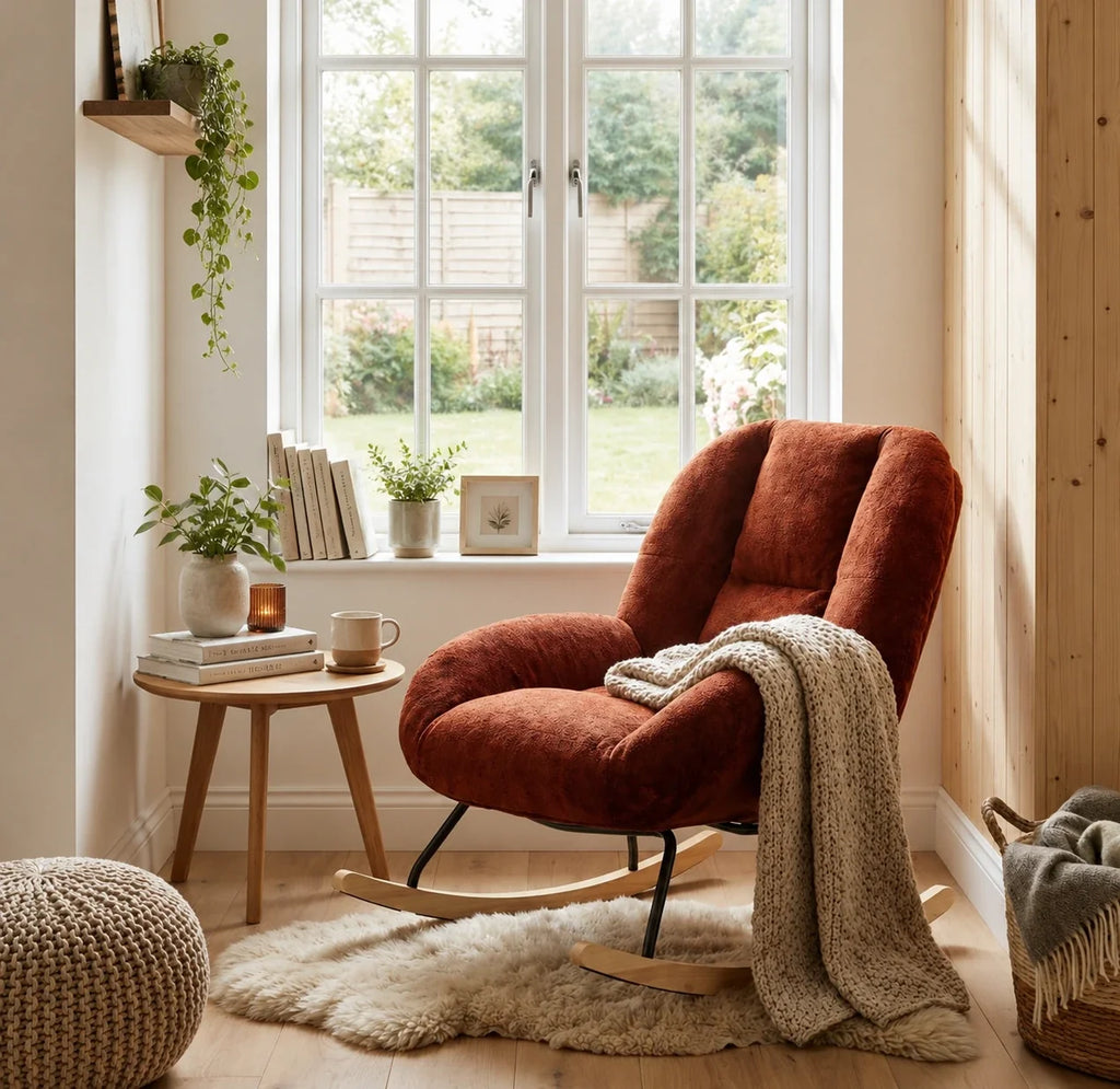 Terracotta red Scandinavian chenille rocking chair – lifestyle setting 2