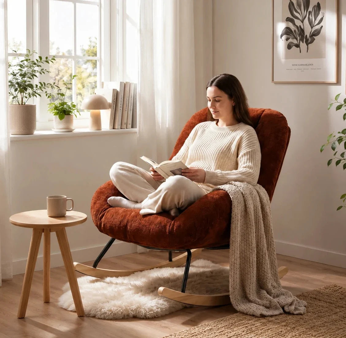 Terracotta red Scandinavian chenille rocking chair – lifestyle setting