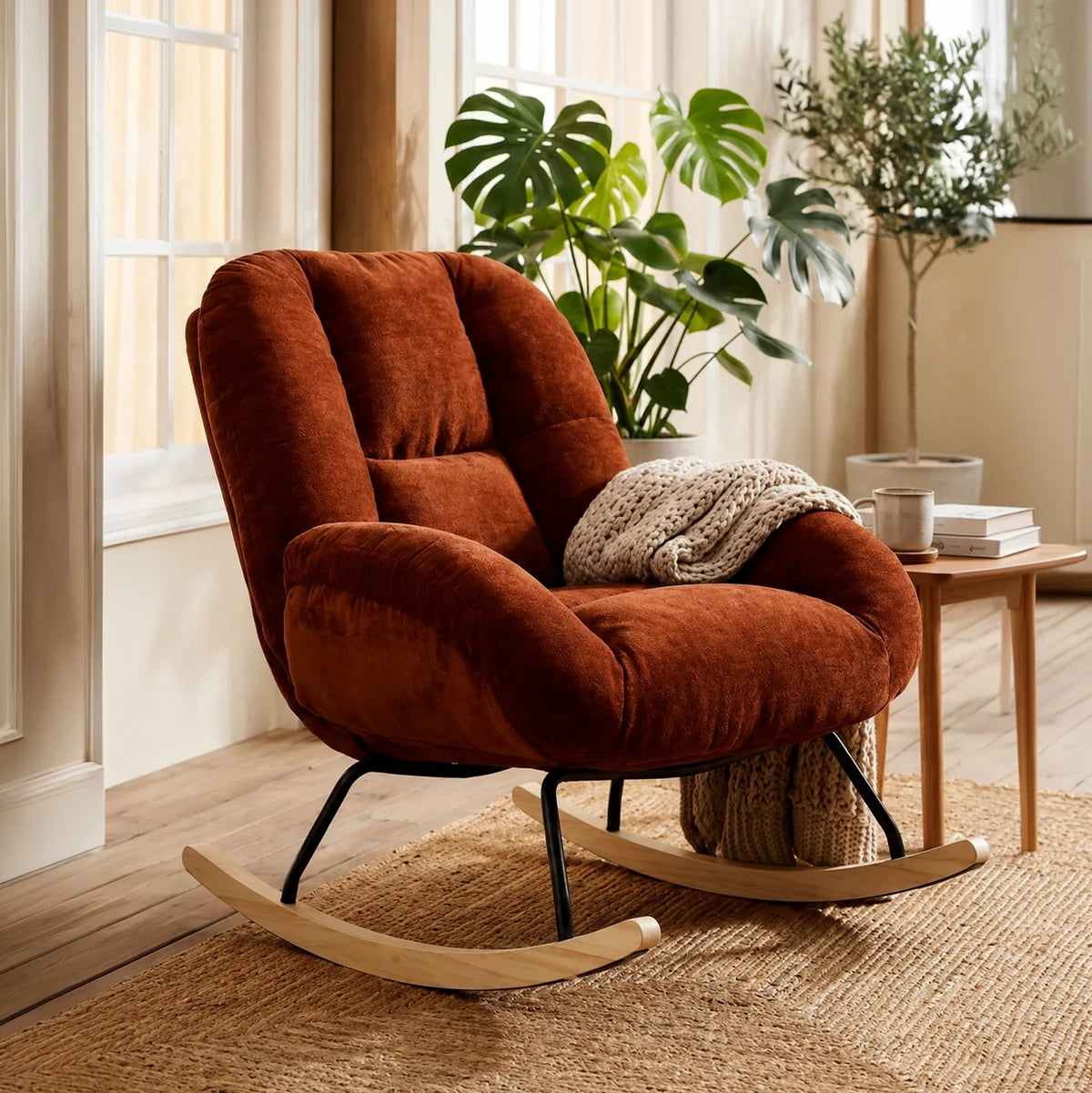 Terracotta red Scandinavian chenille rocking chair – product view