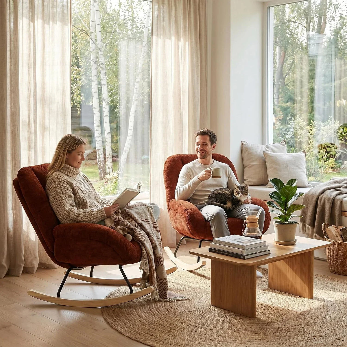 Terracotta red Scandinavian chenille rocking chair – lifestyle setting 3