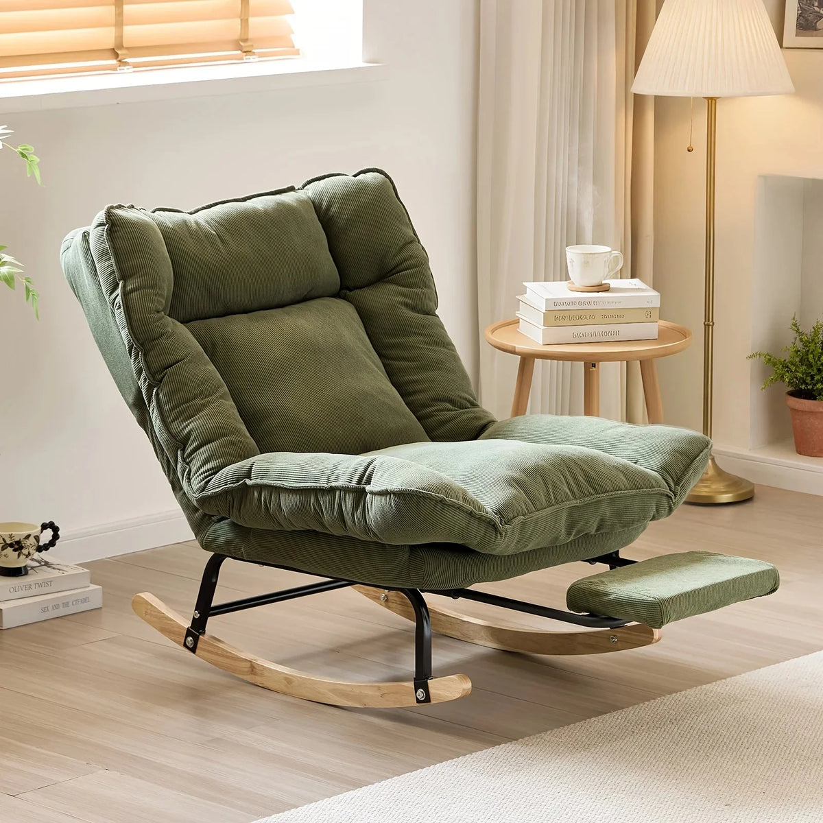 Reclining corduroy rocking chair with footrest – Khaki