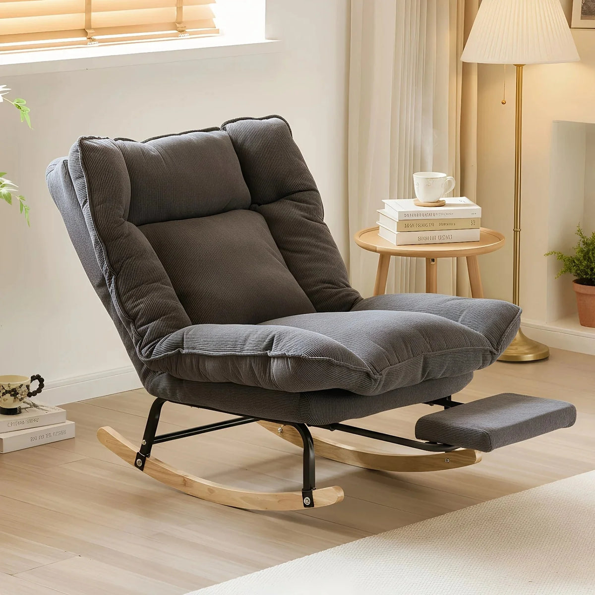 Reclining corduroy rocking chair with footrest – Grey
