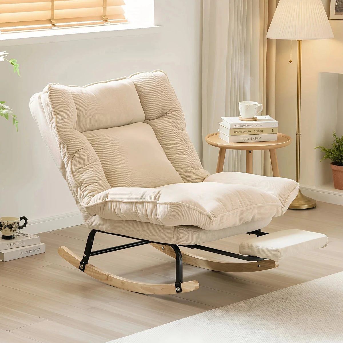 Reclining corduroy rocking chair with footrest – Beige