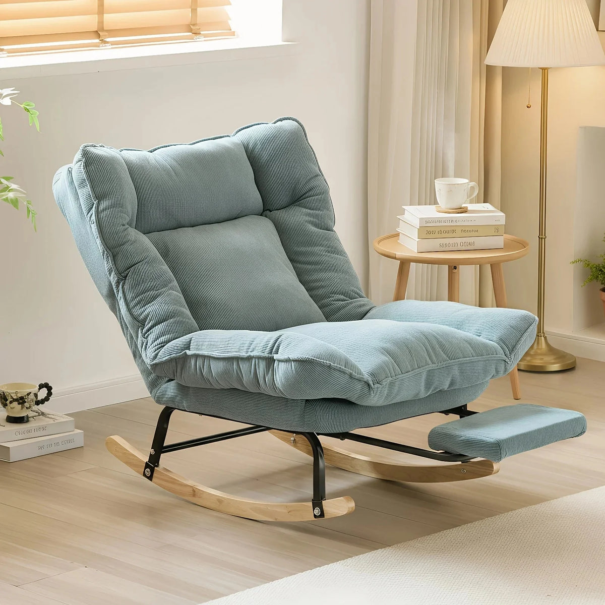 Reclining corduroy rocking chair with footrest – Light Blue