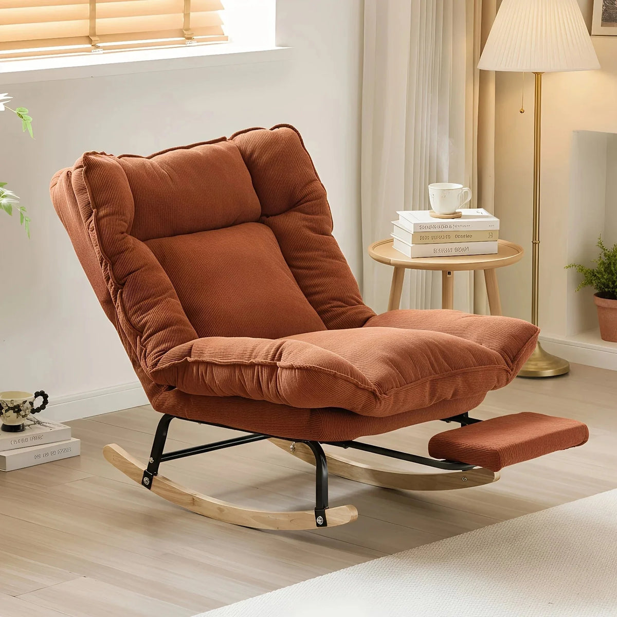 Reclining corduroy rocking chair with footrest – Terracotta Orange