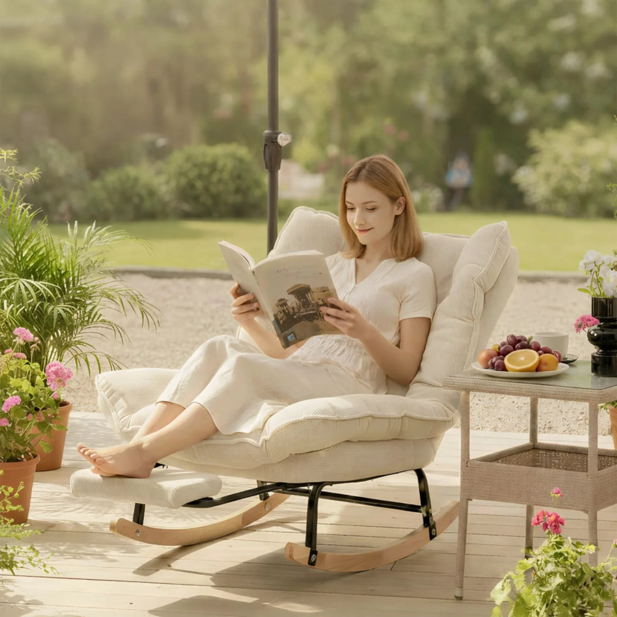 Reclining corduroy rocking chair with footrest – lifestyle setting