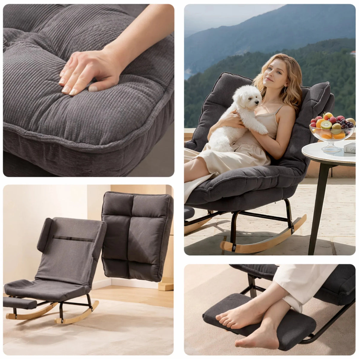 Reclining corduroy rocking chair with footrest – lifestyle setting 2
