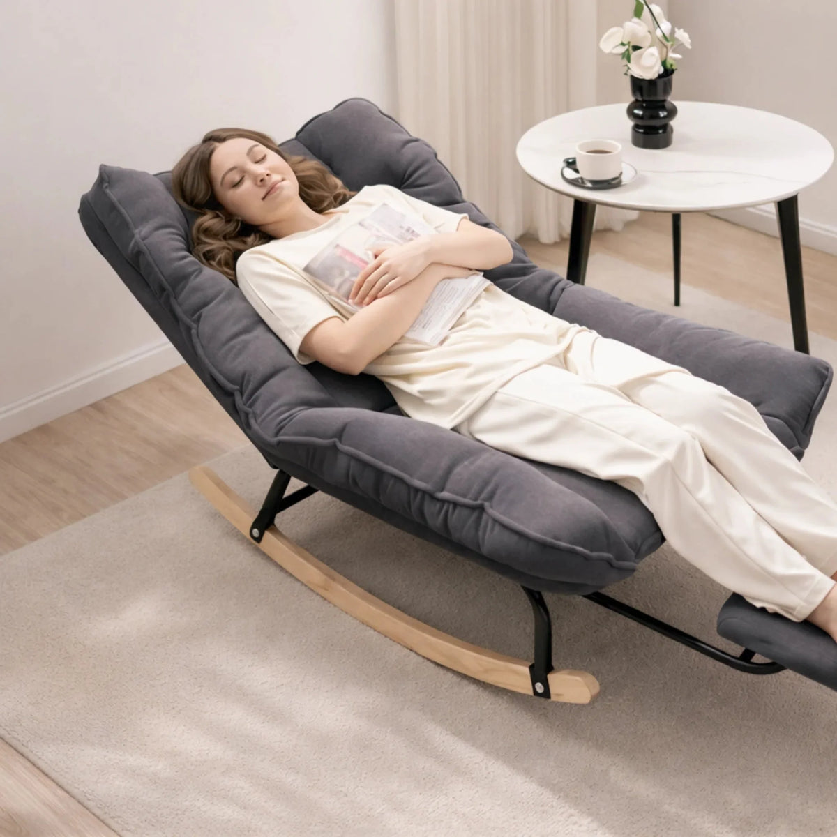 Reclining corduroy rocking chair with footrest – reclined position