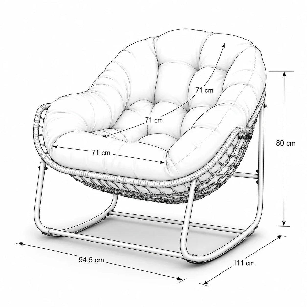 Papasan rattan rocking chair with corduroy cushion – product view 3