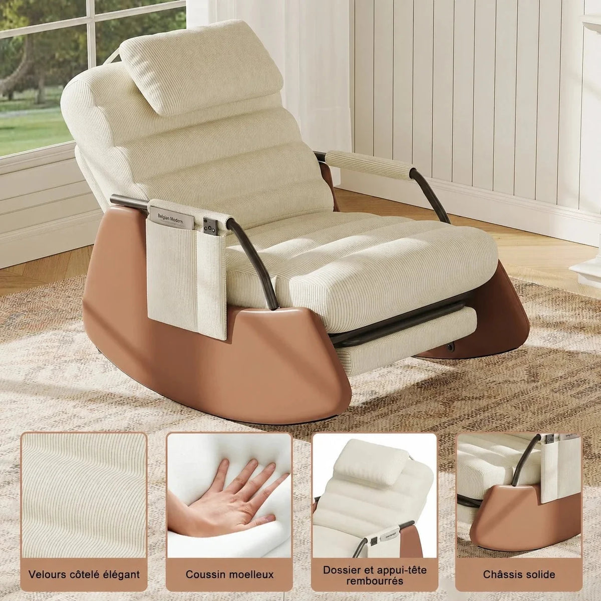 Reclining tufted corduroy rocking chair – product view 2