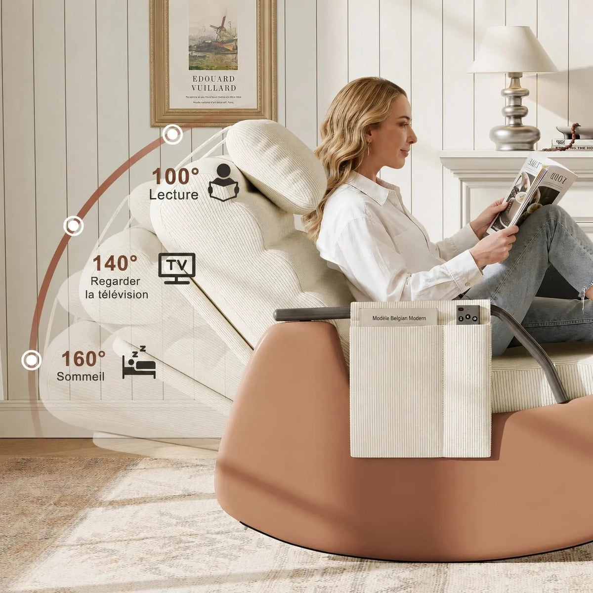 Reclining tufted corduroy rocking chair – reclined position