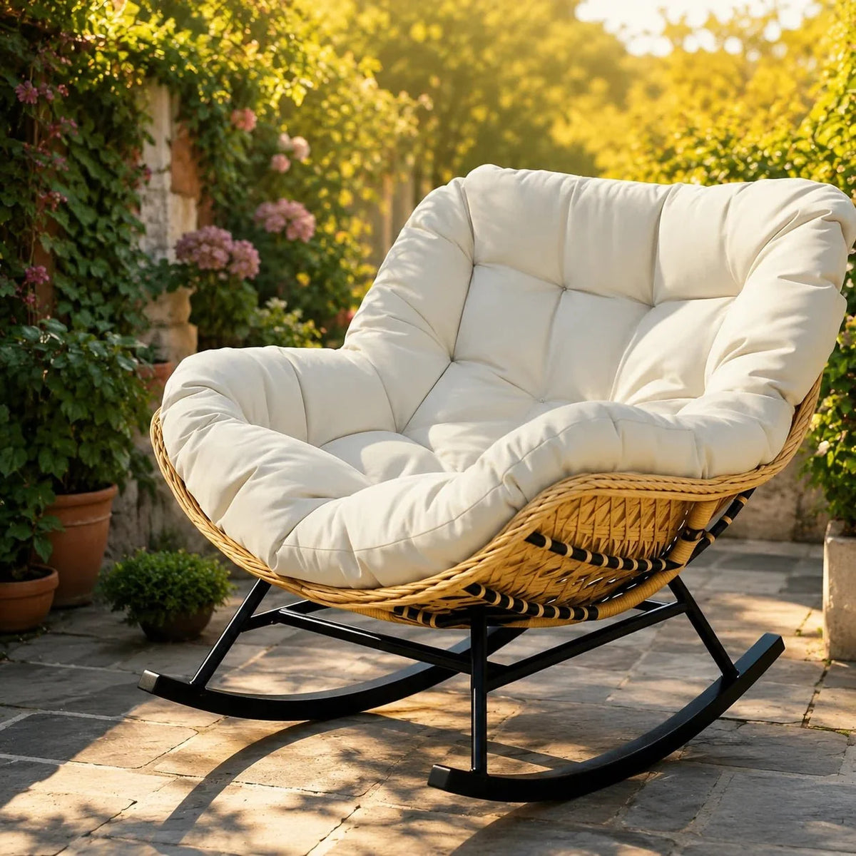 Papasan rattan rocking chair with thick cushion – Ivory