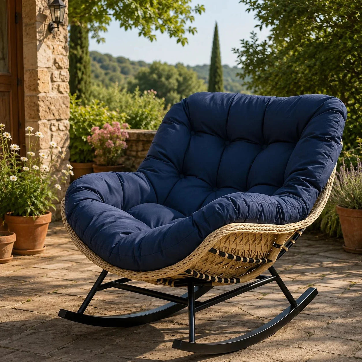 Papasan rattan rocking chair with thick cushion – Navy Blue