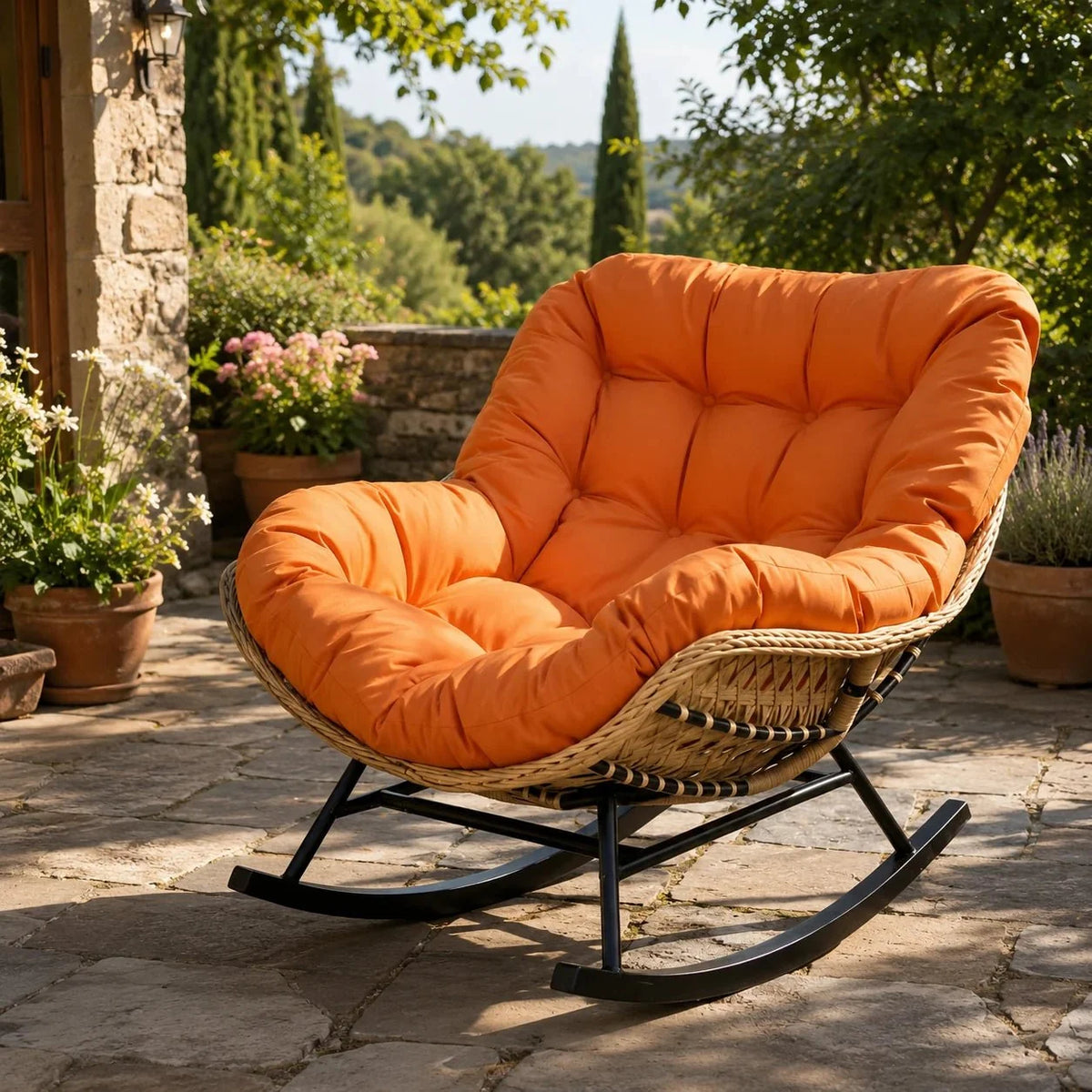 Papasan rattan rocking chair with thick cushion – Terracotta Orange