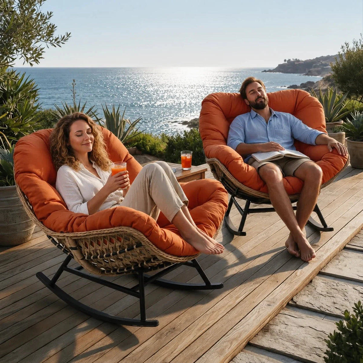 Papasan rattan rocking chair with thick cushion – product view