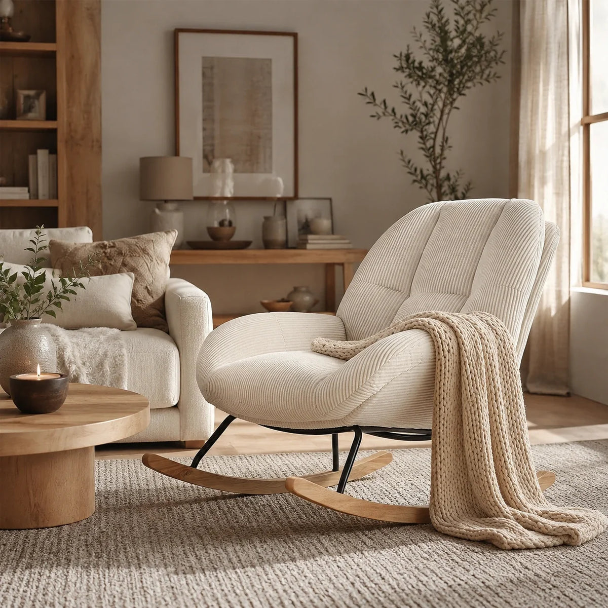 Scandinavian corduroy rocking chair – Beige