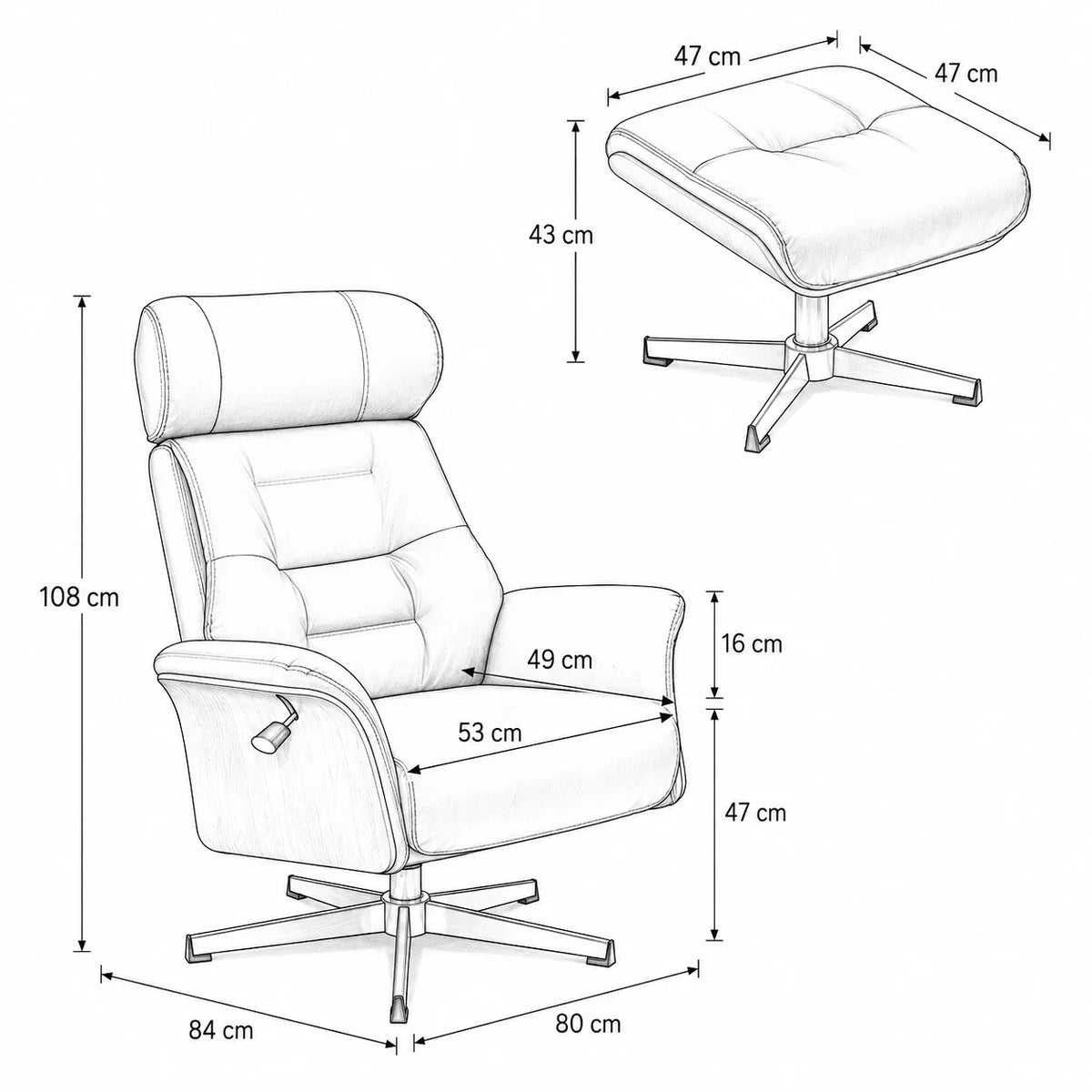 Black faux leather swivel recliner with footstool – product view 3