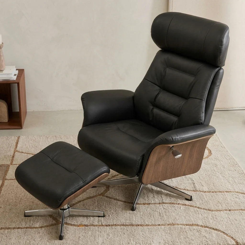 Black faux leather swivel recliner with footstool – product view 2