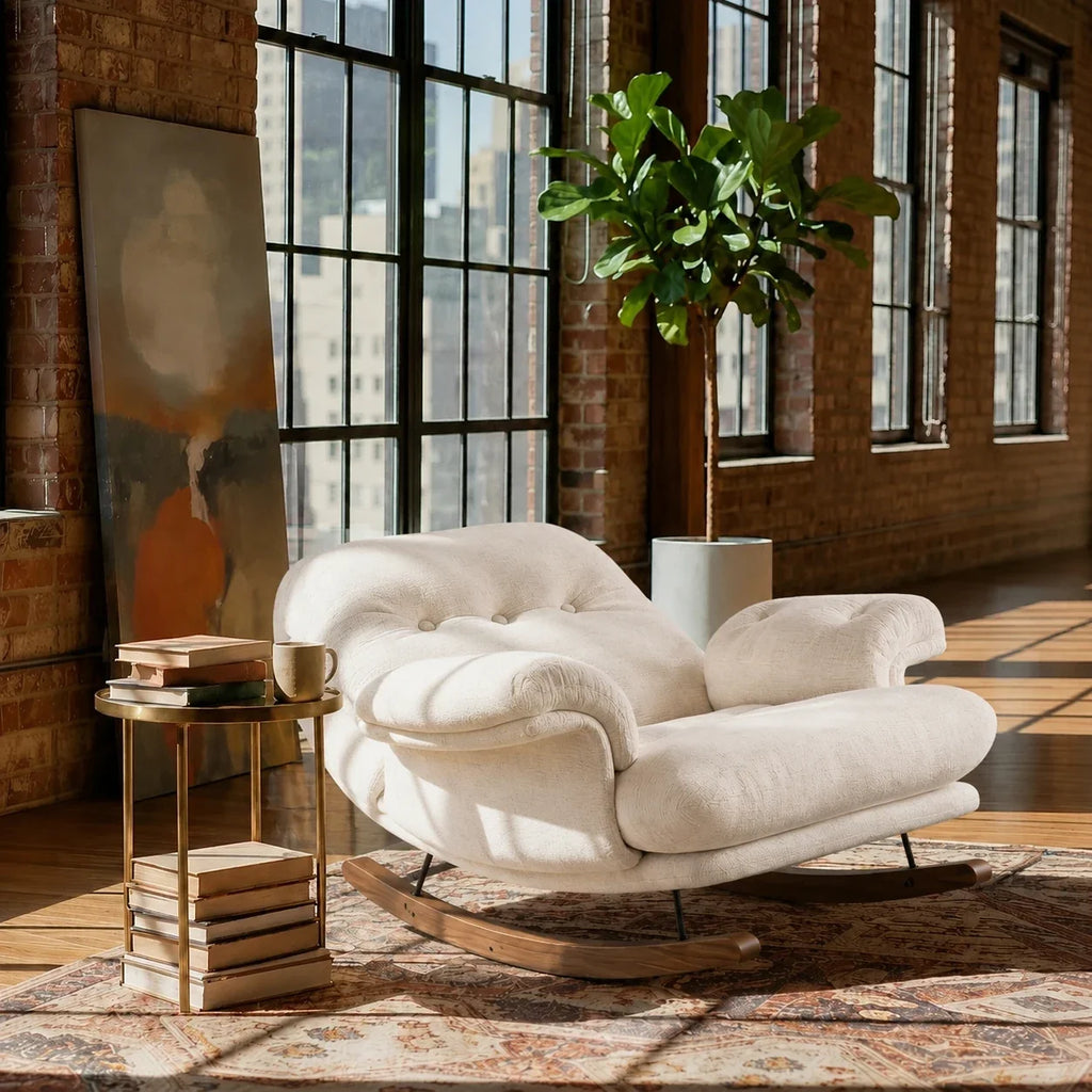 Oversized chenille reclining rocking chair – reclined position