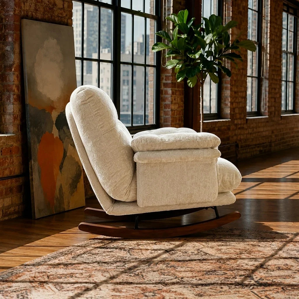 Oversized chenille reclining rocking chair – back view