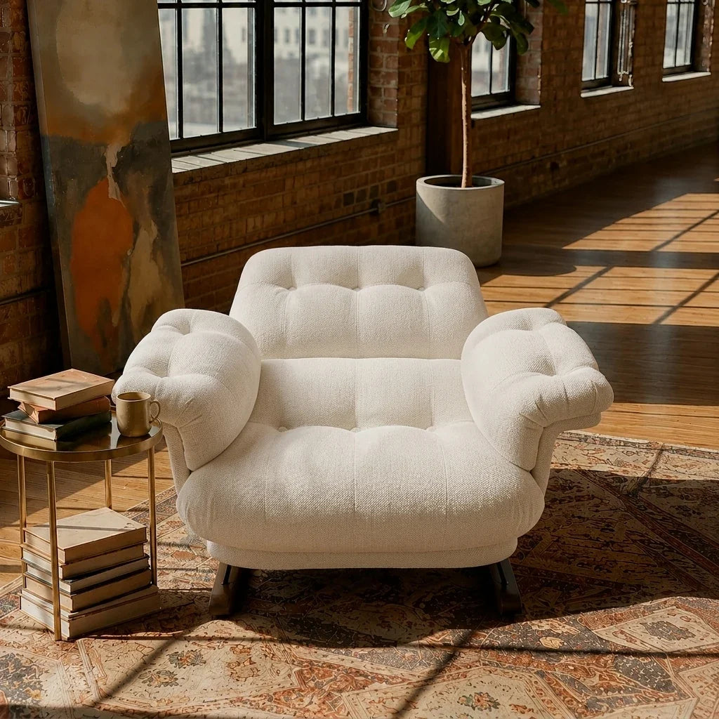 Oversized chenille reclining rocking chair – front view 2